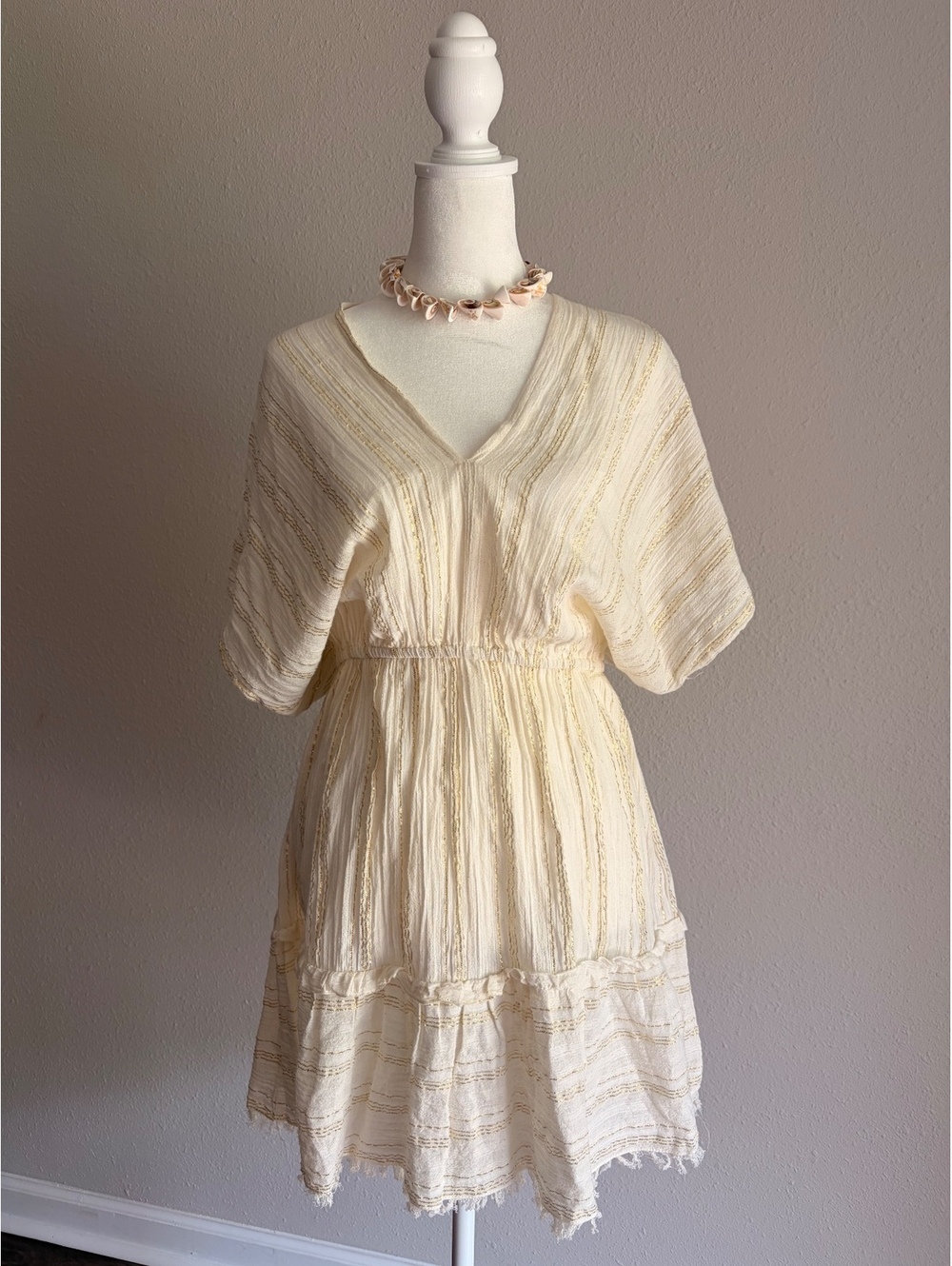 America & Beyond Cream and Gold Striped V-Neck Dress Size L